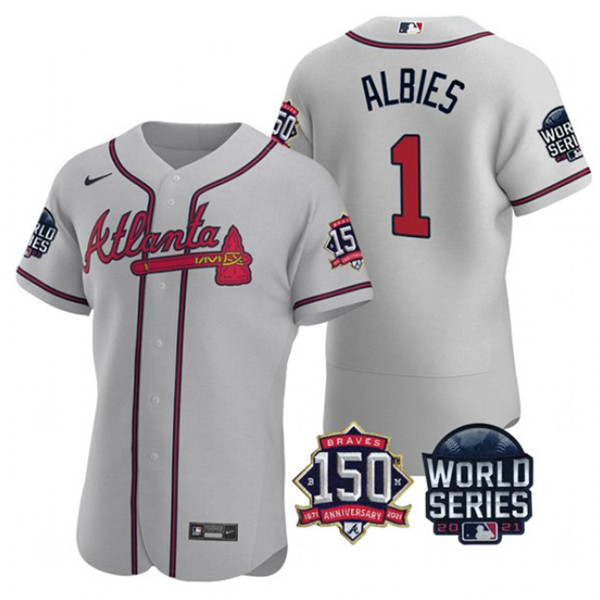 Men's Atlanta Braves #1 Ozzie Albies 2021 Grey World Series With 150th Anniversary Patch Stitched Baseball Jersey